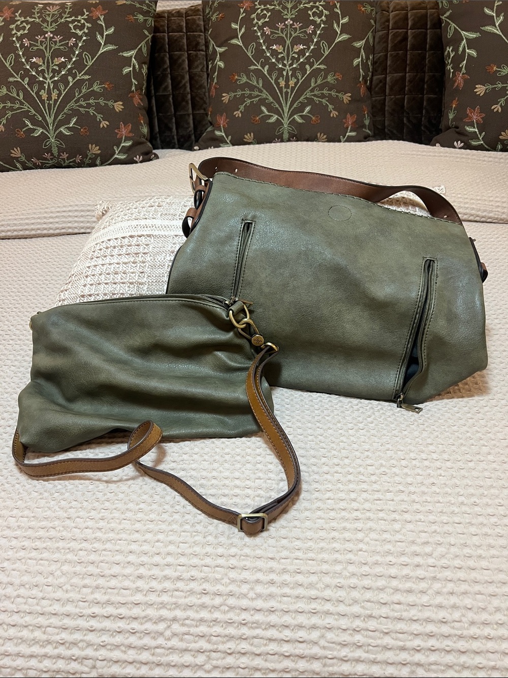 Olive Green Leather Shoulder Bag Bundle with Brown Trim